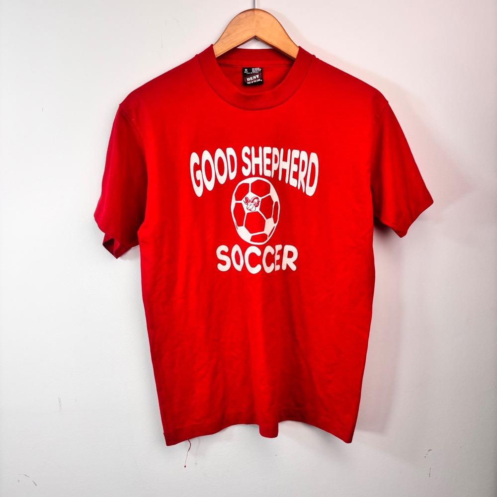 Vintage 90s Good Shepherd Soccer TShirt Red Ram Graphic Fruit Of The Loom Medium